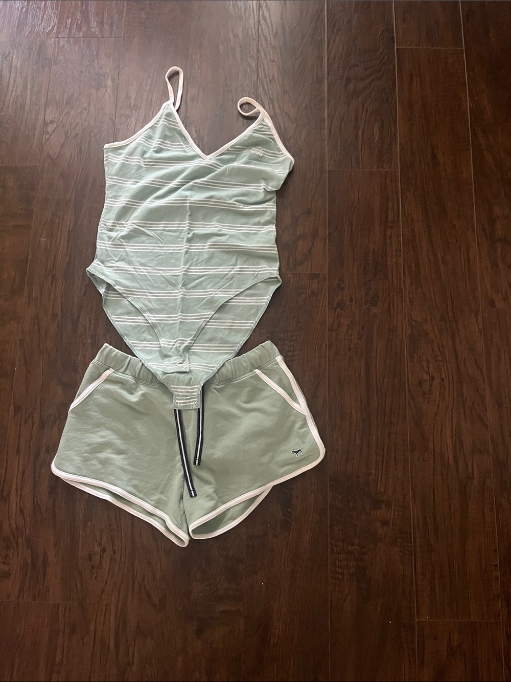 PINK Victoria's Secret Light Green Striped Bodysuit & Shorts Set